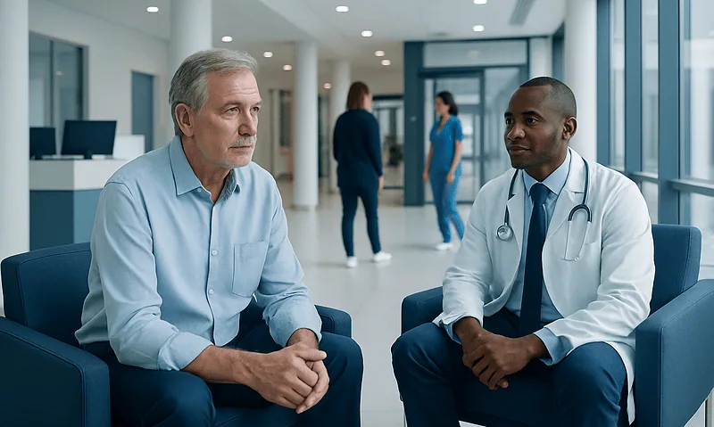 Doctor consulting with an older male patient in a hospital lobby.