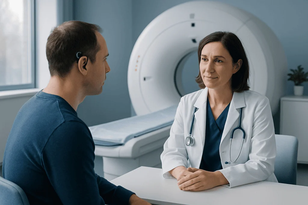 Doctor consulting patient about MRI safety and bone-anchored hearing aids.