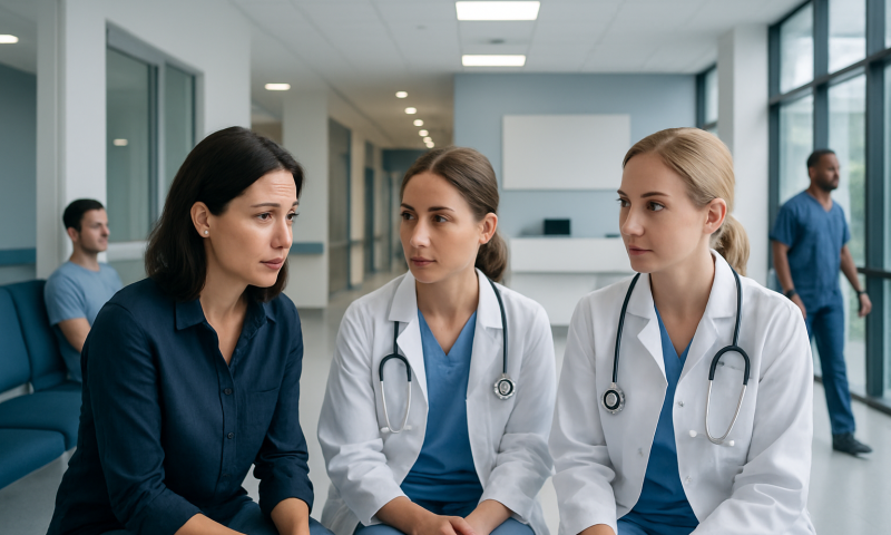 Medical consultation with female doctors in hospital corridor.