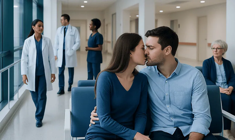 Can You Get HPV From Kissing? Causes, Explanations, and Next Steps 6 Couple in hospital waiting area with medical staff in background.