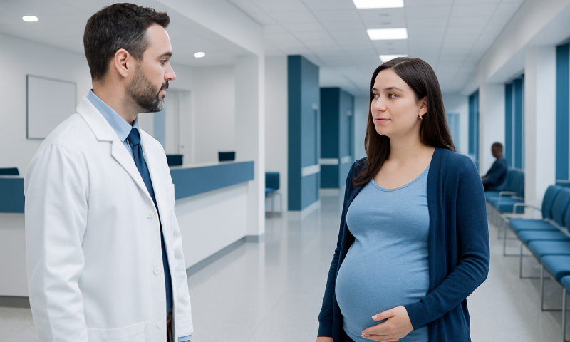 Pregnant woman consulting with a doctor in a hospital corridor.