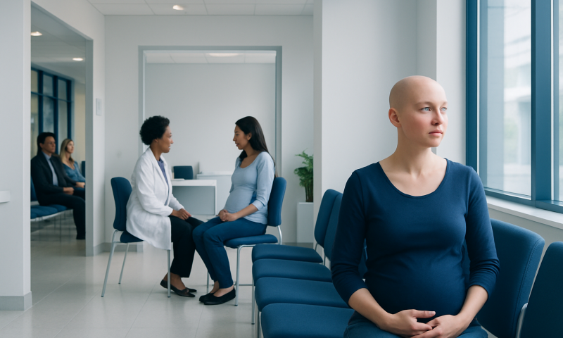 Cancer patient in a hospital waiting area with medical staff.