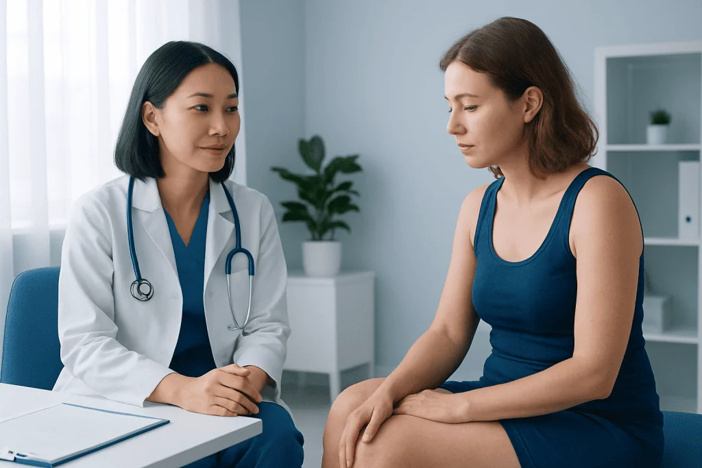 Doctor consulting with a patient about cellulite treatment options at Acibadem Hospital.