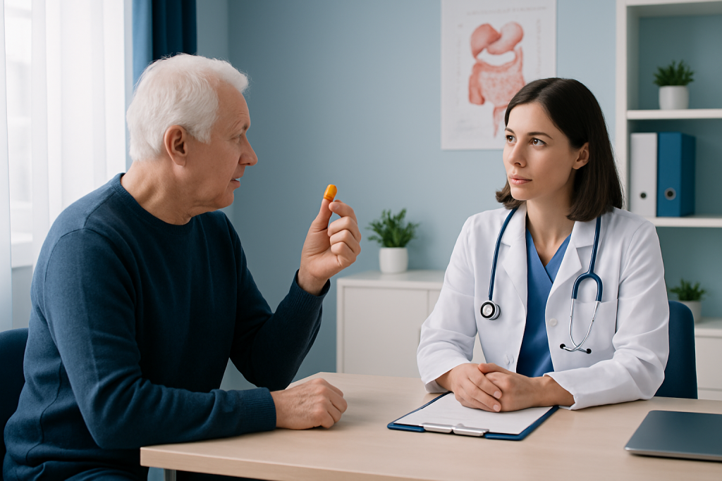 Senior man consulting with a female doctor about medication in a medical office.