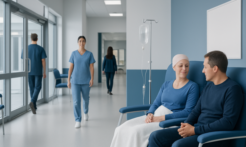 Patient receiving chemotherapy treatment in a hospital room.