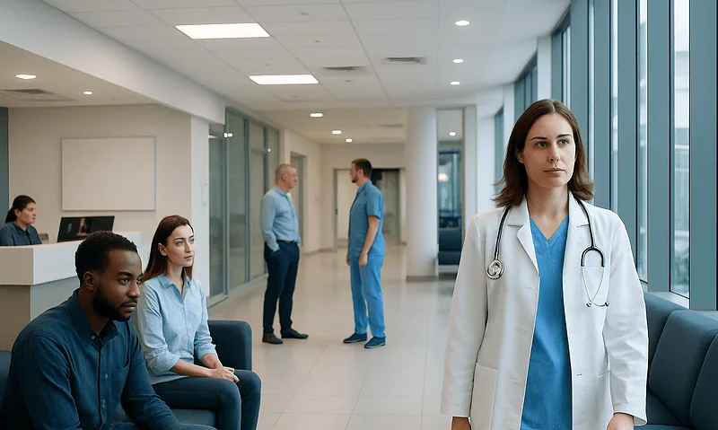 Healthcare professionals and patients in a modern hospital corridor.