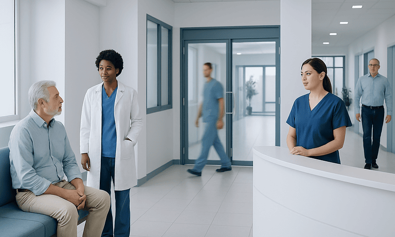 Hospital reception area with medical staff and patient.