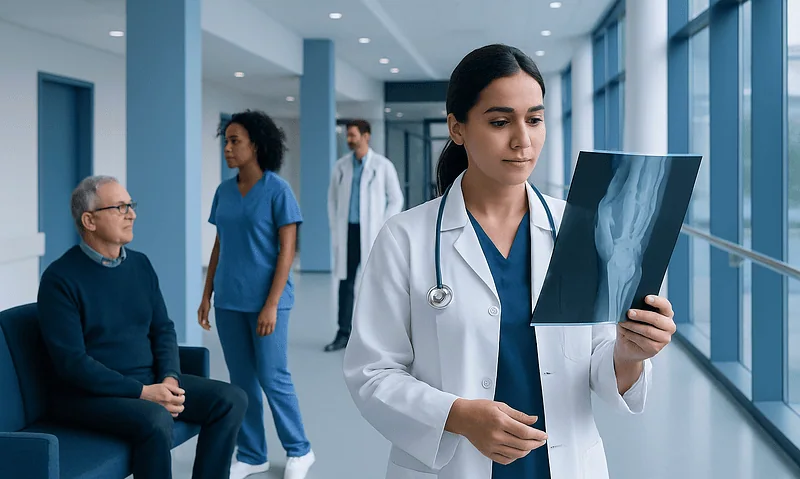 Can You See Tendonitis in an X-Ray: Preparation, Procedure and Results 2 Medical professional examining an X-ray in a hospital corridor.