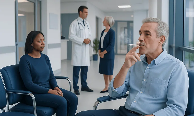 Patient consulting with doctor in hospital corridor.