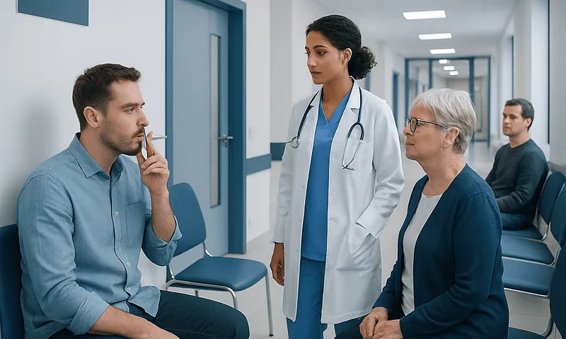 Doctor consulting with patient and nurse in hospital corridor.