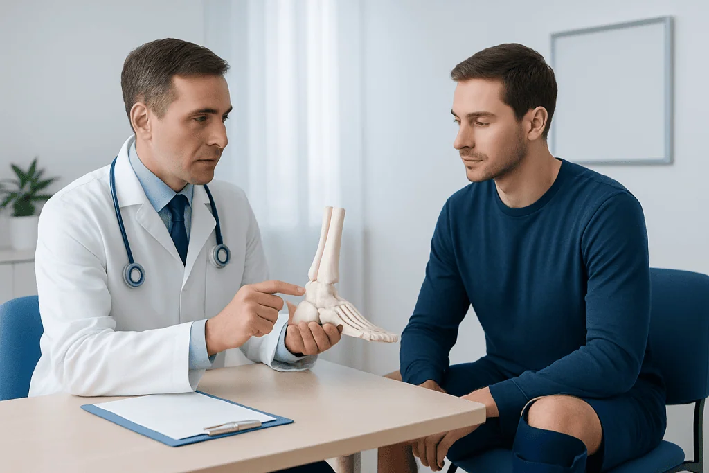 Orthopedic doctor explaining ankle anatomy to patient in consultation.