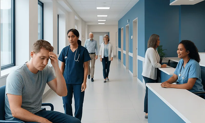 Patient in hospital corridor feeling unwell with medical staff nearby.