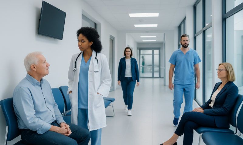 Medical professionals consulting with a patient in a hospital corridor.