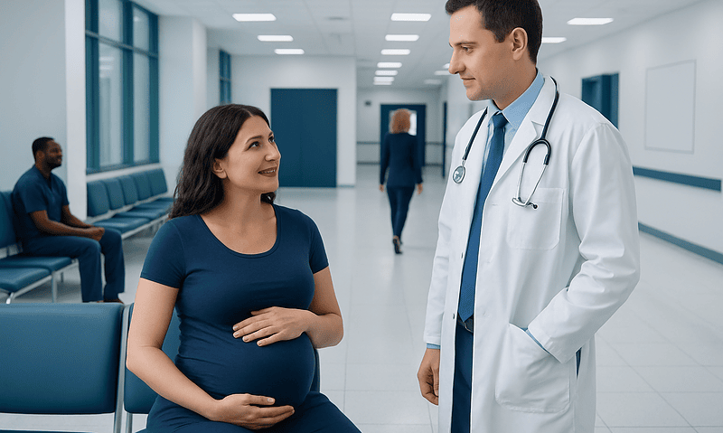 Pregnant woman consulting with a doctor in a hospital corridor.