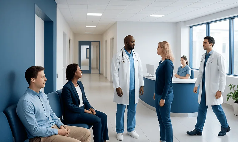 Medical consultation in a modern hospital corridor with doctors and patients.