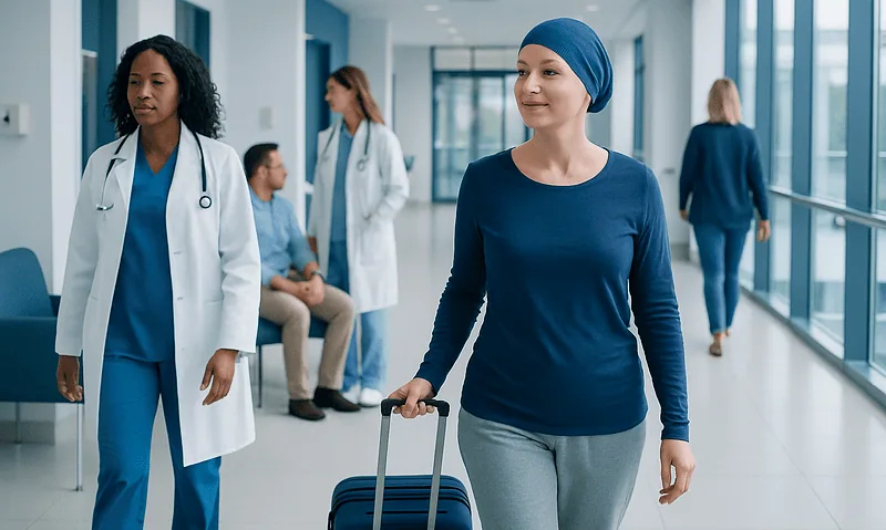 Woman in chemo attire with luggage at hospital corridor.
