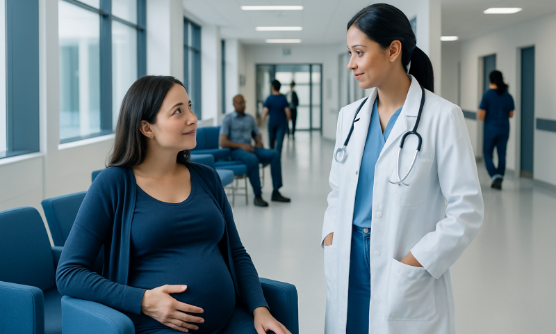 Pregnant woman consulting with a doctor in a hospital corridor.