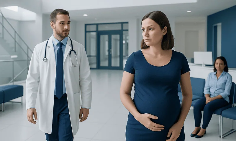 Pregnant woman consulting with a doctor in a hospital lobby.