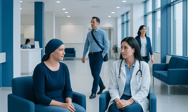 Patient consulting with doctor in modern hospital waiting area.