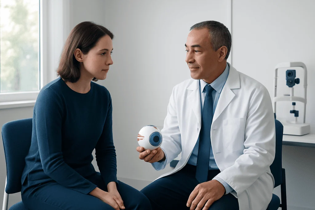 Doctor explaining eye health to a patient in a clinic setting.