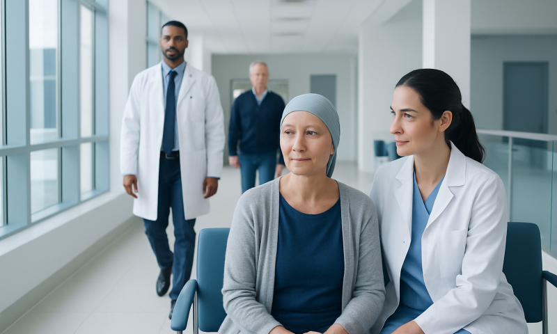 Patient receiving support from healthcare professional in hospital corridor.