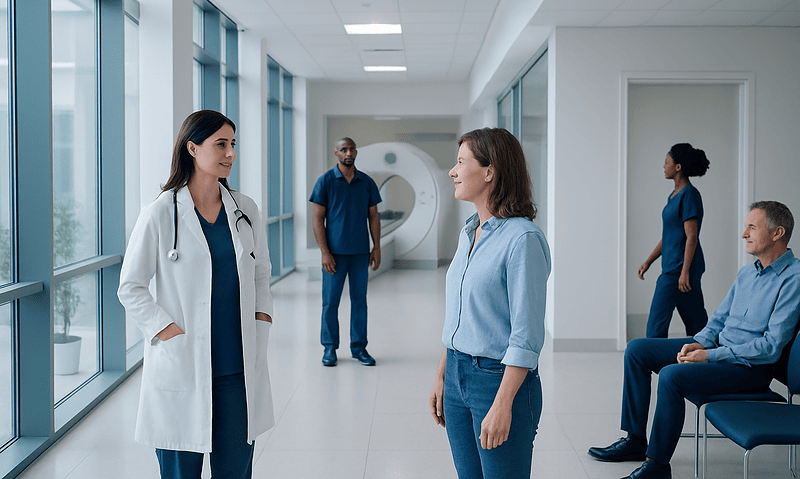 Healthcare professionals and patients in a modern hospital corridor.