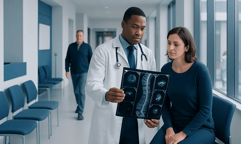 Doctor reviewing spine MRI scans with a patient in hospital corridor.