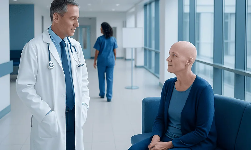 Doctor talking to a patient in a hospital corridor with large windows.