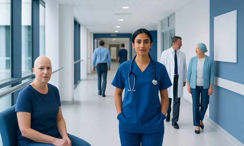 Cancer Womb Treatment: How It Works, Results and What to Expect 8 Healthcare professionals and patient in hospital corridor at Acibadem Hospitals Group.