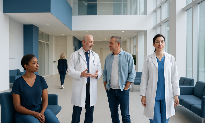 Medical team and patient in modern hospital lobby.