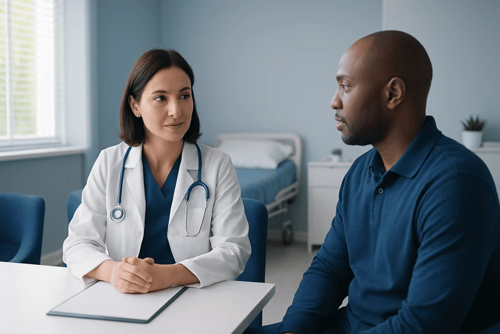 Doctor consulting with patient in a medical office setting.