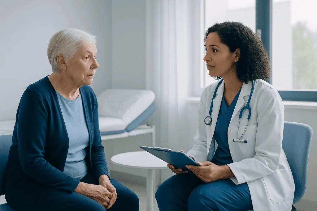 Doctor consulting with elderly woman in a medical office.