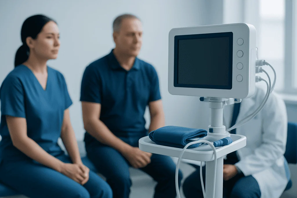 Medical consultation with patients and monitor in a hospital setting.