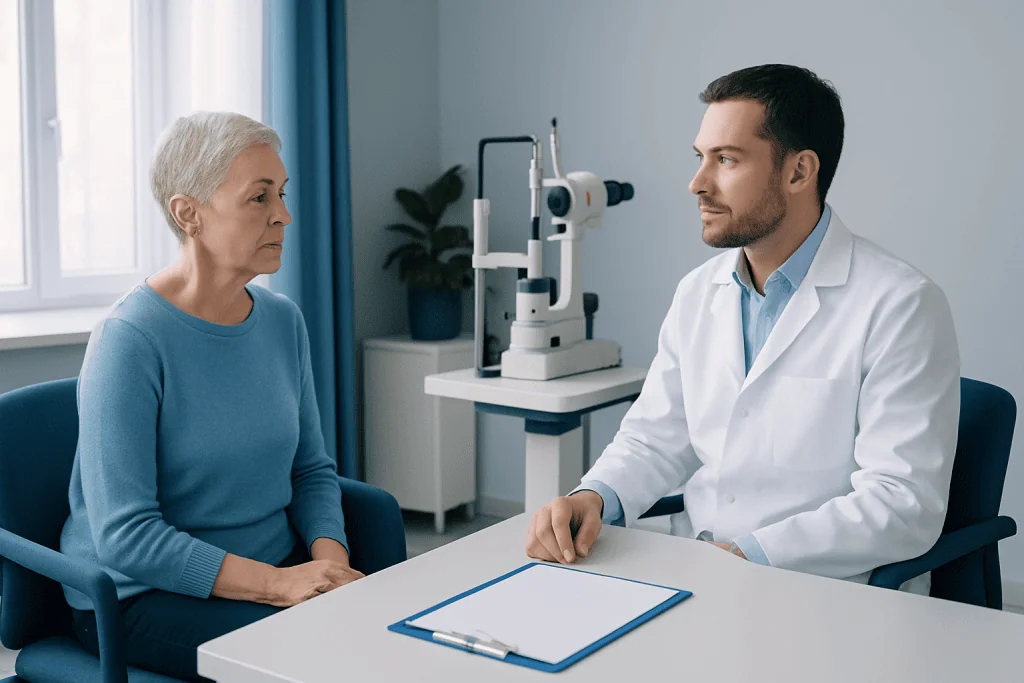 Ophthalmologist consulting elderly woman about eye health in clinic.