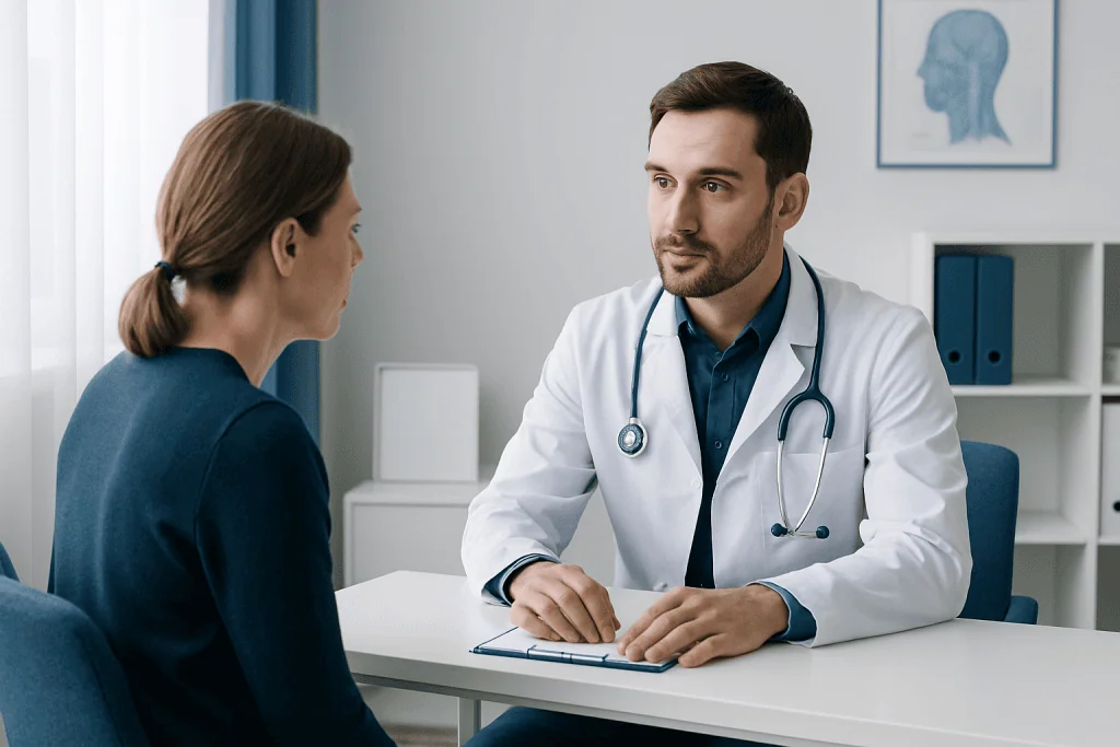 Doctor consulting with a patient in a modern medical office setting.