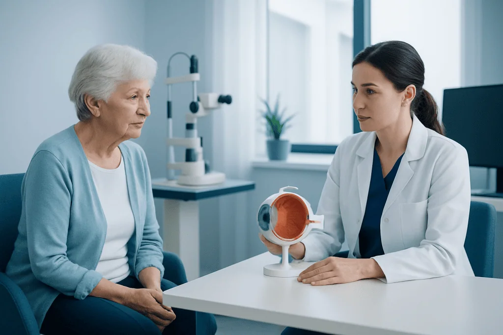 Ophthalmologist explaining eye anatomy to elderly patient during consultation.