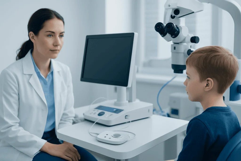 Pediatric audiology consultation with a doctor and young patient in a clinic.