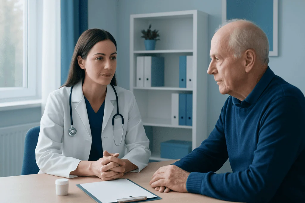 Doctor consulting with elderly patient in a medical office setting.