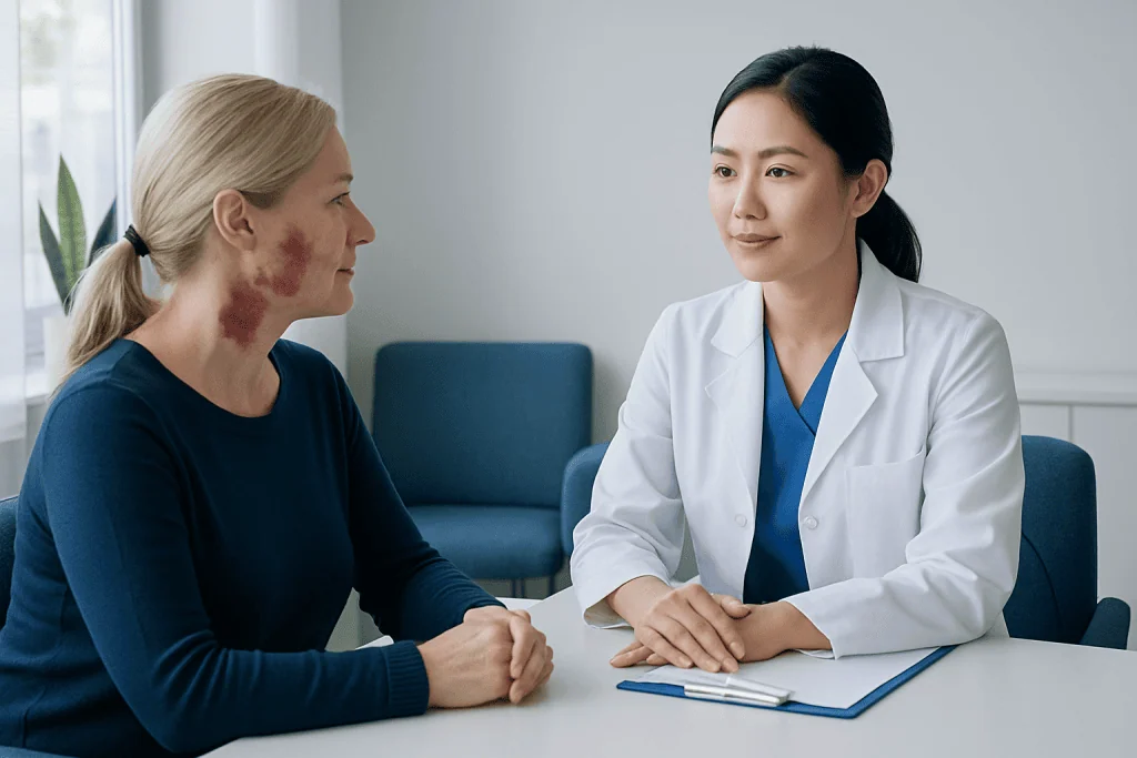 Doctor consulting with patient with hemangioma on face at hospital.