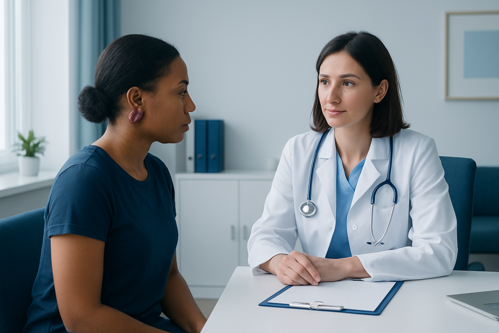 Doctor consulting with patient in a medical office setting.