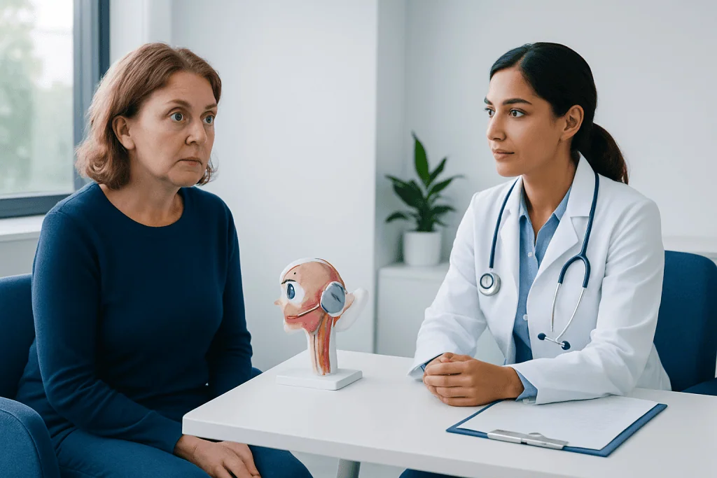 Doctor explaining thyroid eye disease to patient in consultation room.