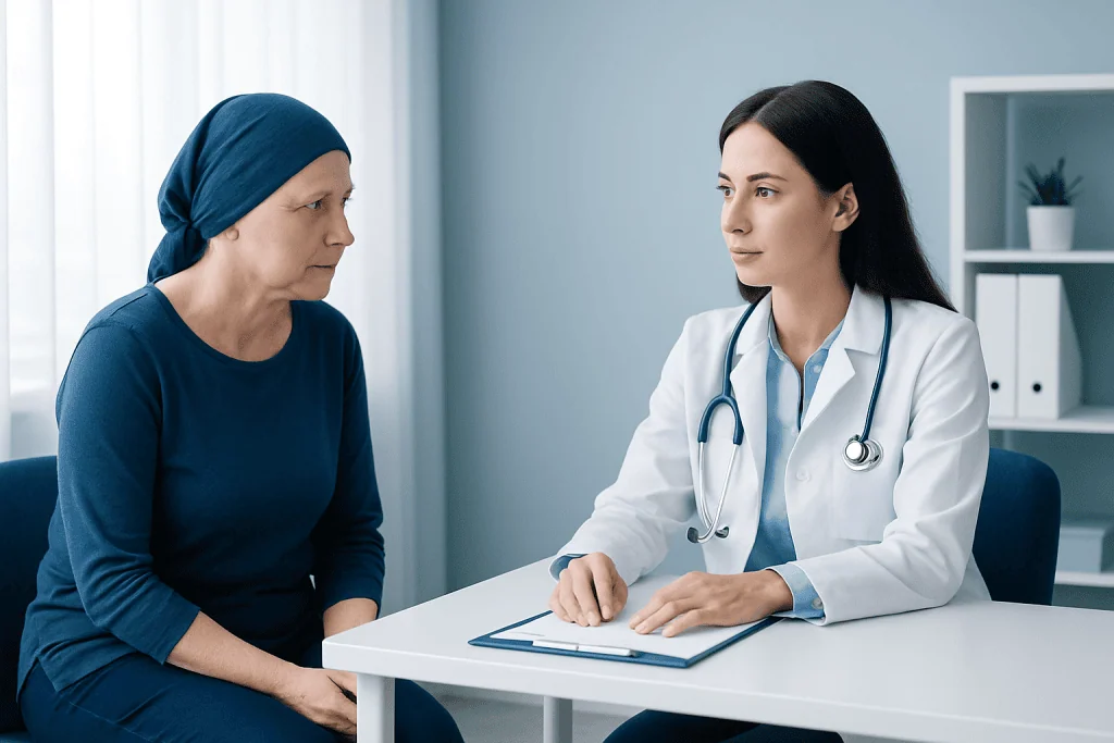 Doctor consulting with a female patient in a medical office.