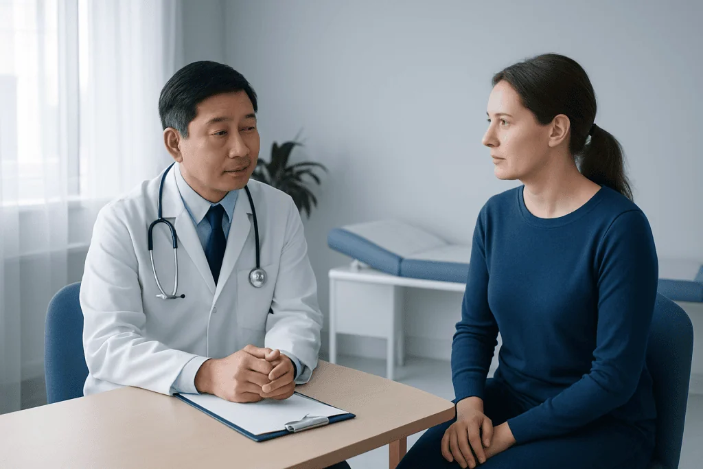 Doctor consulting female patient in a medical office setting.