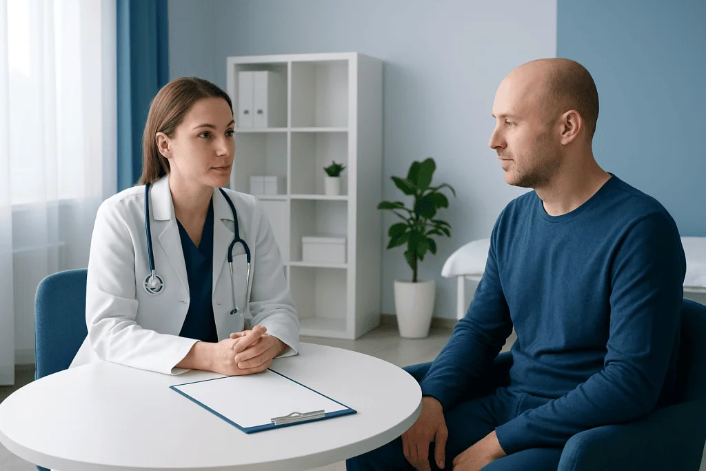 Doctor consulting with patient in a medical office setting.