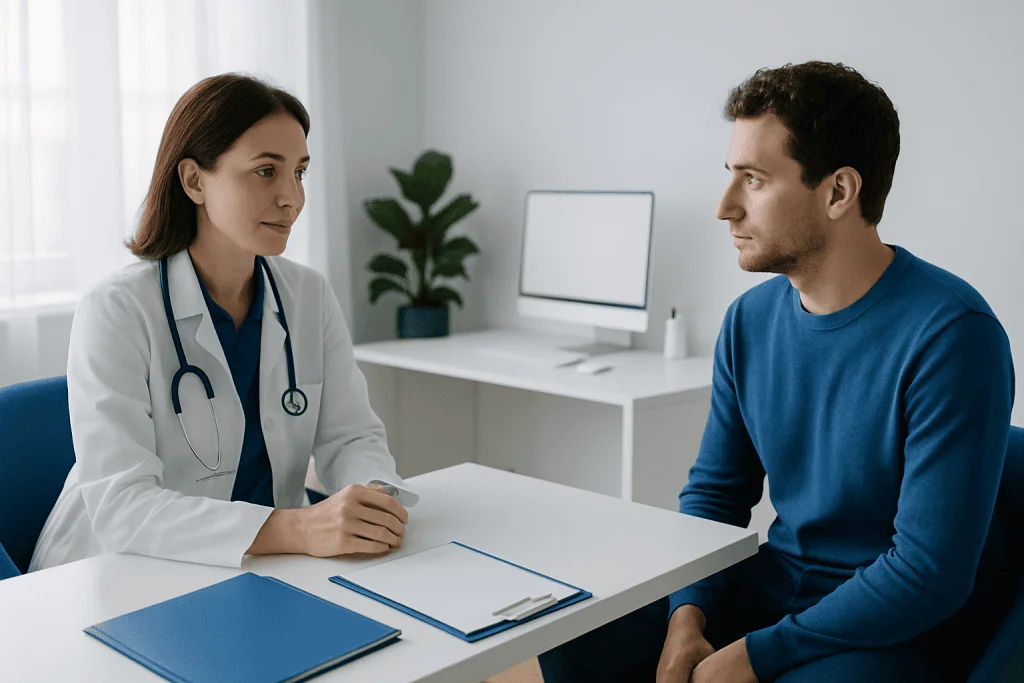 Doctor consulting patient in a modern medical office setting.