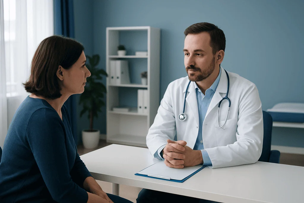Doctor consulting with a female patient in a modern medical office.