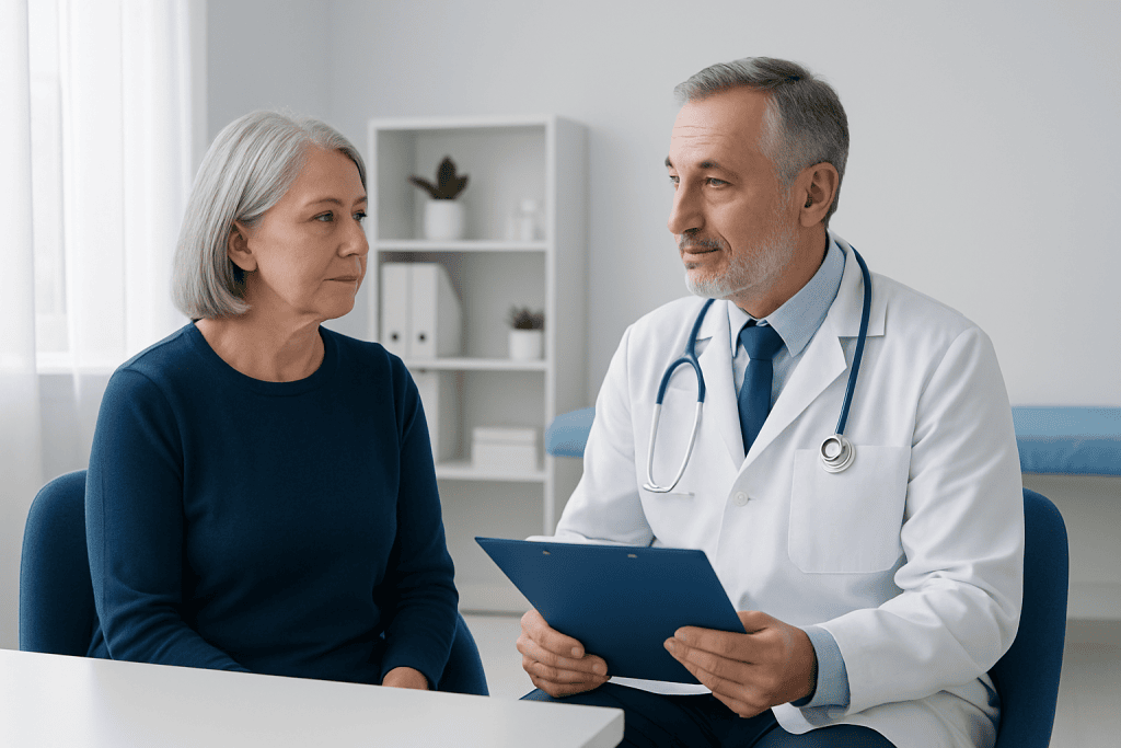 Doctor consulting with an elderly woman in a medical office.