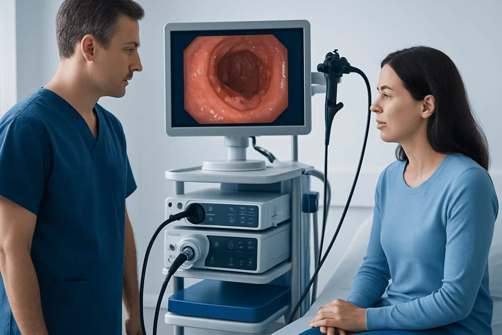 Doctor and patient during colonoscopy at Acibadem Hospital.