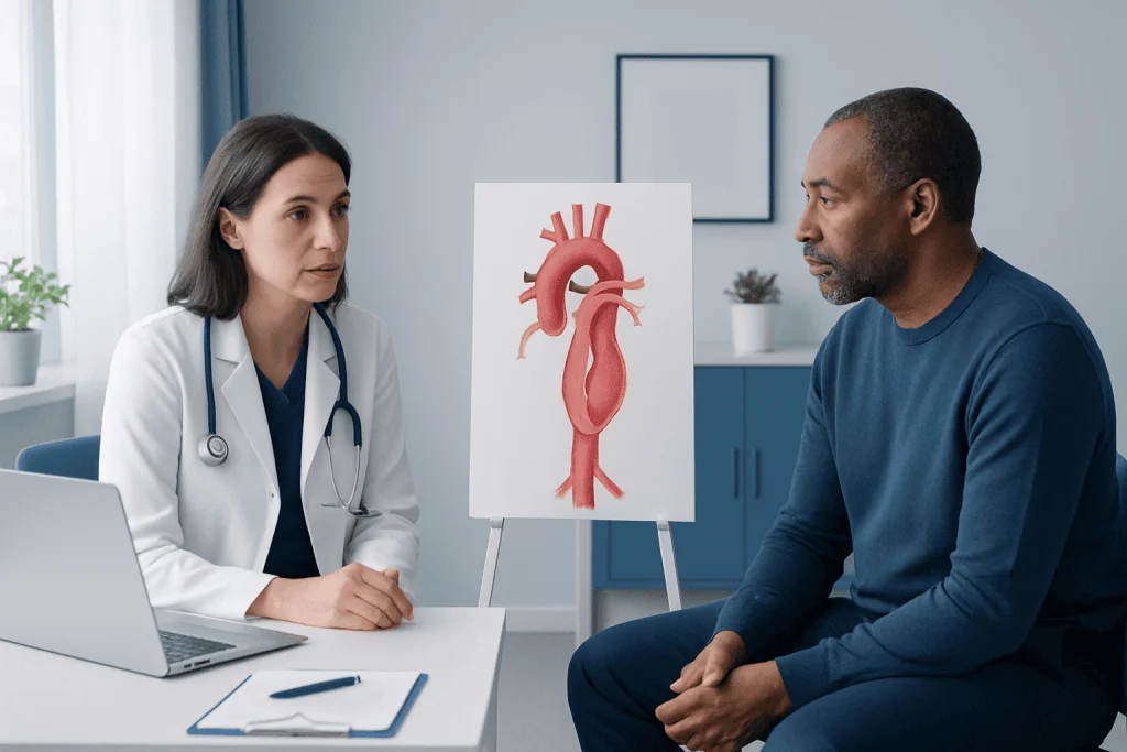 Doctor explaining aortic dissection to patient with heart diagram.
