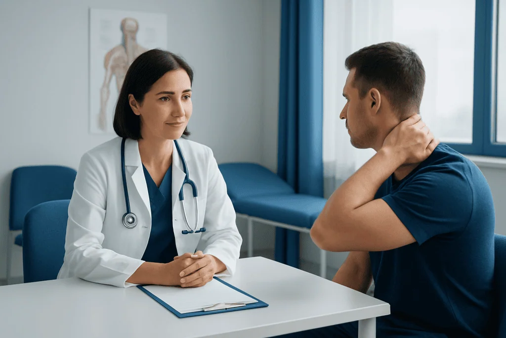 Doctor consulting with patient about neck pain in clinic setting.